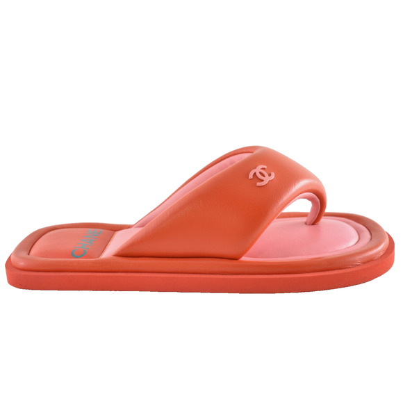 Chanel 22P Pink Red Lambskin Padded Pool Thong Logo Mule Slide Flat Sandal 37 - Picture 1 of 16